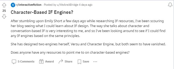 Character-Based IF Engines? Reddit Community Post